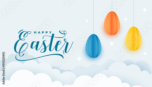 paper cut style colorful easter eggs over fluffy cloudy background