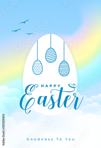 happy easter greeting cloudy sky background with hanging eggs
