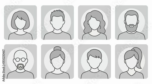 Diverse minimalist male and female user profile avatar icons for executive managers and office staff, concept for corporate employee directory, team management and digital interface design