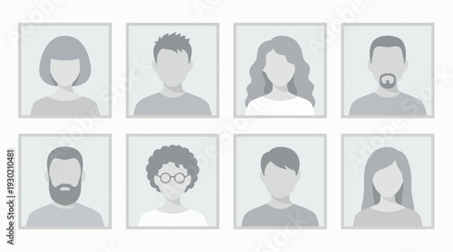 Eight minimalist diverse people avatar profile placeholders in flat gray style, concept for corporate manager directory, executive employee list and professional recruitment portal