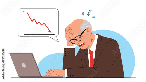 Senior businessman in a suit looking stressed and worried while looking at a falling financial graph on his laptop.