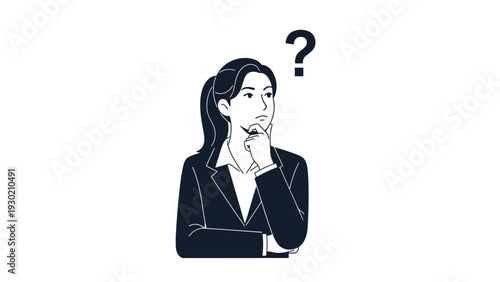 Pensive businesswoman in a dark suit thinking and looking up at a question mark with a thoughtful facial expression.