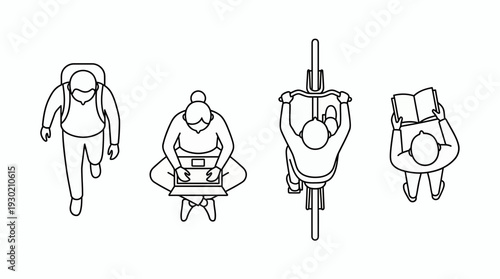 Top view line art of manager with backpack, student with laptop, courier on bicycle and teacher reading book, concept for urban lifestyle, project planning and architectural design