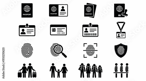Black silhouette icons set of passports, identity cards, biometric fingerprints and diverse travelers carrying luggage, concept for travel manager, security officer and business trip