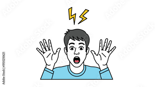 Shocked young man with lightning symbols over his head raising his hands in sudden surprise or unexpected realization.