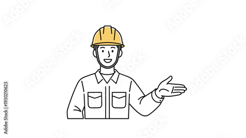 Smiling male construction worker in a yellow hard hat and uniform gesturing with his hand to present or show something.