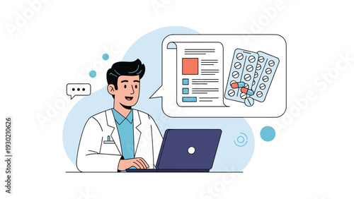 Professional male doctor using a laptop while explaining a medical prescription and medication options in a speech bubble.