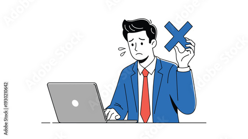 Sad or stressed businessman sitting at a laptop and holding a blue cross mark sign to represent failure or rejection.