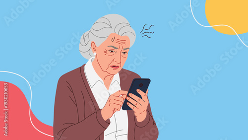 Concerned senior woman looking at her smartphone while sweating and feeling confused about technology or bad news received.