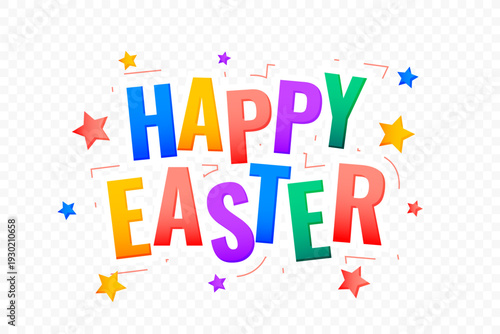colorful happy easter text with stars on transparent background