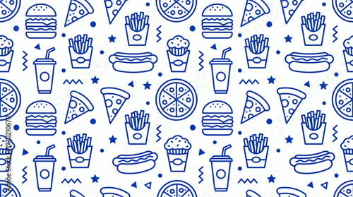 Blue seamless pattern of fast food line icons featuring burgers pizza and fries on white background, concept for restaurant branding, menu design and food delivery packaging