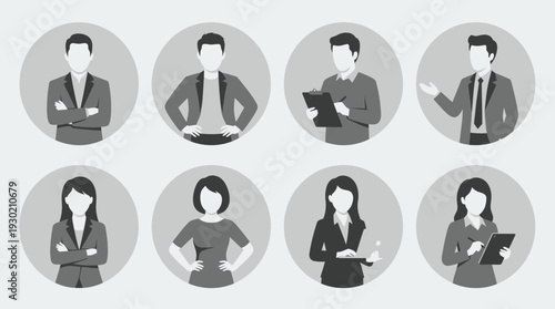 Set of diverse business professional avatars including CEO, manager, assistant and executive staff, concept for corporate team profiles, professional staff identification and branding