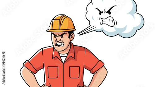 Furious construction worker in a yellow hard hat and orange shirt with an angry storm cloud bubble above his head.