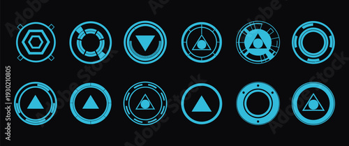 Isolated Blue Game Aiming Symbol with Futuristic HUD Screen Monitoring Elements, Digital Target Interface and Technology Scanning Illustration on Transparent Background