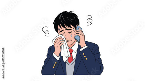 Distressed young man in a school uniform talking on a mobile phone while crying and wiping tears with a cloth.