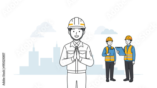 Polite construction worker in a white uniform and helmet standing with hands together in a respectful greeting.