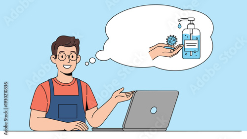 Young man sitting at a laptop while thinking about hand hygiene and using sanitizer to prevent virus spread.