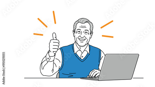 Happy senior man sitting at a laptop and giving a thumbs up gesture of success or satisfaction with technology.