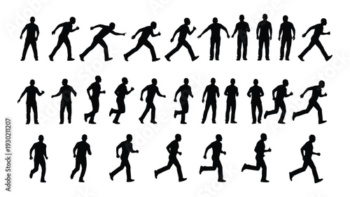 A collection of black silhouettes of people running isolated on white background, Vector