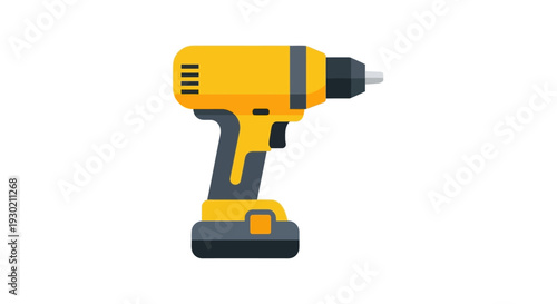 A yellow cordless drill icon in a modern, flat design style with a black and gray outline, isolated on a white background, conveying a DIY and home improvement concept.