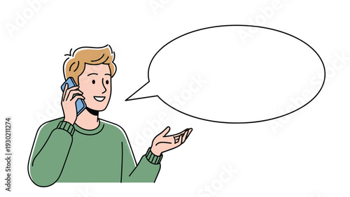 Young man talking on a mobile phone while gesturing with his hand and standing next to a blank speech bubble.