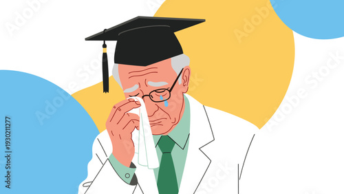 Sad senior professor or scientist wearing a graduation cap and crying while wiping tears with a white handkerchief.