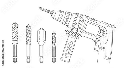 A line art icon of a cordless drill with various drill bits, showcasing a modern vector design with a black silhouette on a clean white background.