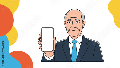 Senior businessman in a suit holding up a smartphone with a blank white screen for custom content or app display.