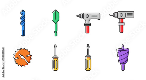A set of colorful, flat design icons depicting various hand tools and drill bits on a clean white background, conveying a modern and minimal style.