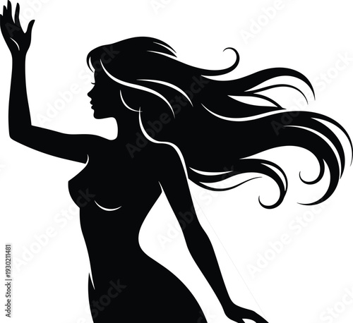 Beautiful woman silhouette with flowing hair, elegant feminine profile illustration, fashion style vector, minimalist black design isolated background