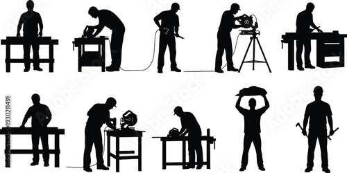 Carpenter and Construction Worker Silhouettes Using Power Tools in Workshop Isolated on White Background Industrial Labor Woodworking Occupation Collection Set