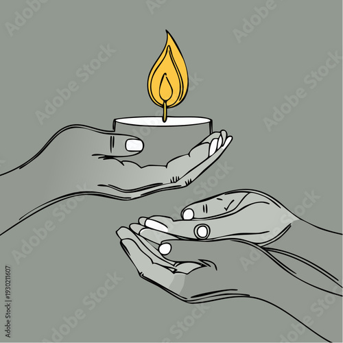 Hands passing a lit candle symbolizing hope and compassion.