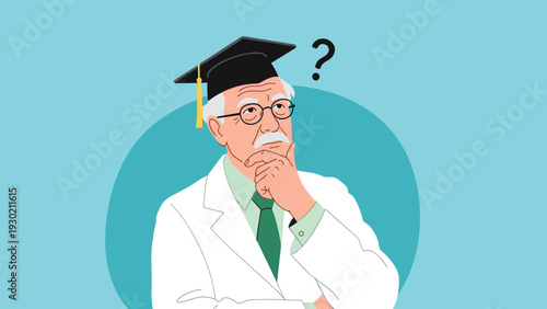 Senior professor or researcher in a graduation cap and white lab coat thinking deeply about a complex question.