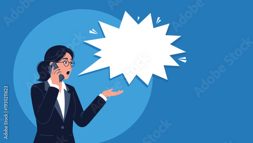 Surprised businesswoman talking on the phone with a shocked expression as a large spiky speech bubble appears.