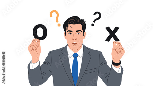 Confused businessman in gray suit holding signs with O and X symbols while deciding between right and wrong options.