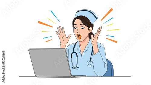Professional female nurse in blue uniform looking at laptop with shocked facial expression and raised hands in excitement.