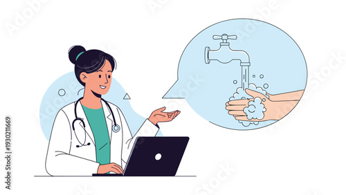 Young female doctor using laptop while explaining proper hand washing techniques for hygiene and virus prevention.