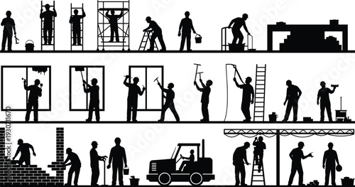 Construction and Maintenance Worker Silhouettes Painting, Building and Repairing on Scaffolding Isolated on White Background Industrial Labor Occupation Collection Set