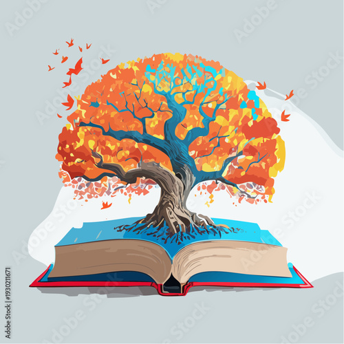Vibrant Autumn Tree Growing from an Open Book.