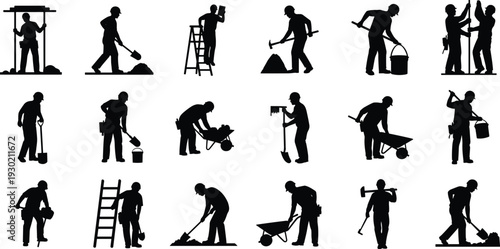 Construction and Mason Worker Silhouettes with Shovel, Wheelbarrow and Tools Isolated on White Background Industrial Labor Occupation Collection Set
