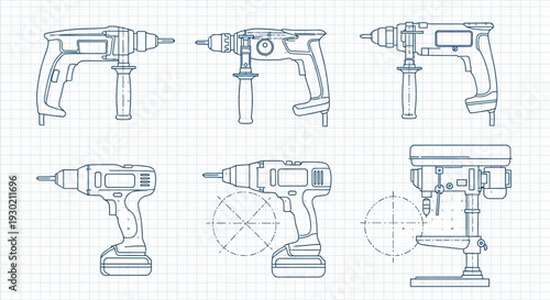 A set of six blue line art icons depicting various drill tools, including electric drills and drill bits, on a white graph paper background with a minimal style.