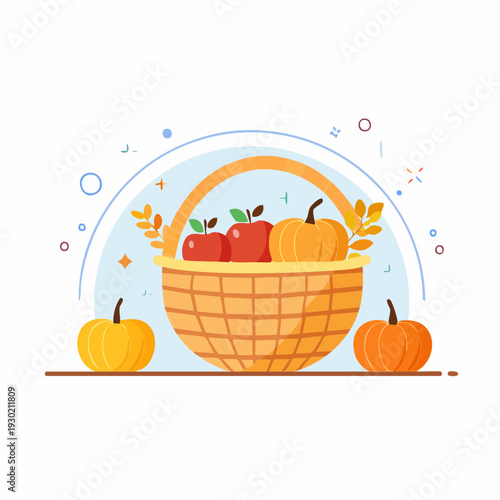 Wicker Basket Filled with Apples and Pumpkins Autumn Harvest Illustration.