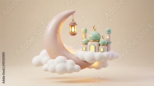 Green and gold mosque on a pink crescent moon with clouds and hanging lanterns for ramadan