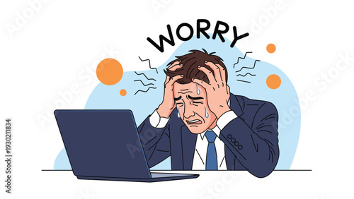 Desperate businessman sitting at laptop and holding his head while crying from intense work stress or failure.
