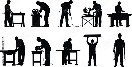 Construction Worker and Carpenter Silhouettes Using Power Tools and Woodworking Equipment Isolated on White Background Industrial Labor Tradesman Workshop Occupation Concept Collection
