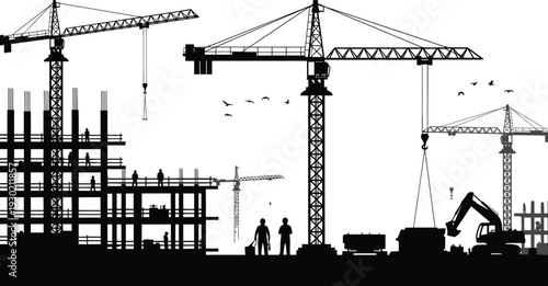 Construction Site Silhouette with Tower Cranes, Workers and Excavator Isolated on White Background Urban Building Development Industrial Engineering Infrastructure Concept Illustration