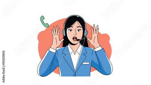 Shocked female customer service representative wearing headset with her hands raised in surprise against a red splash.