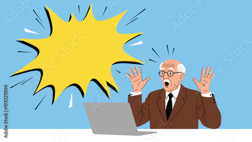 Surprised senior man looking at his laptop screen with a large yellow explosion graphic representing a sudden shock.
