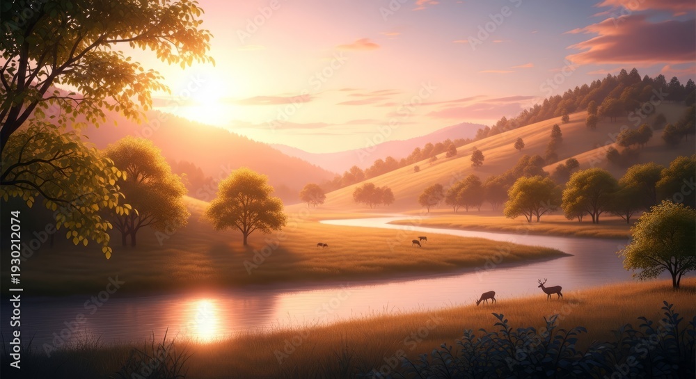 Fototapeta premium Serene valley landscape bathed in golden sunrise light with a winding river and grazing deer.
