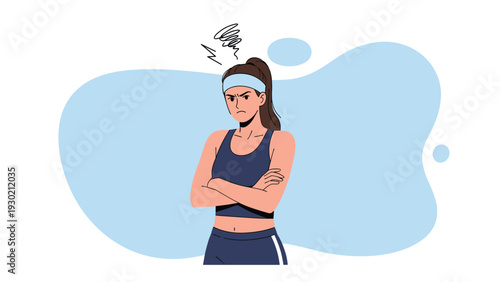Irritated young woman in blue sportswear standing with her arms crossed and a scribble icon showing her anger.